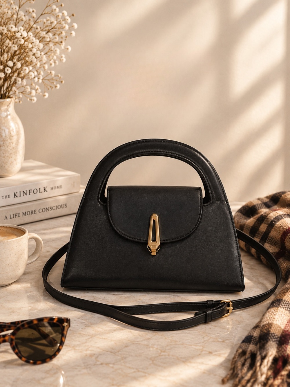 NEW Boutique Chic Black Handbag Trendy Fall Purse Gold Clasp